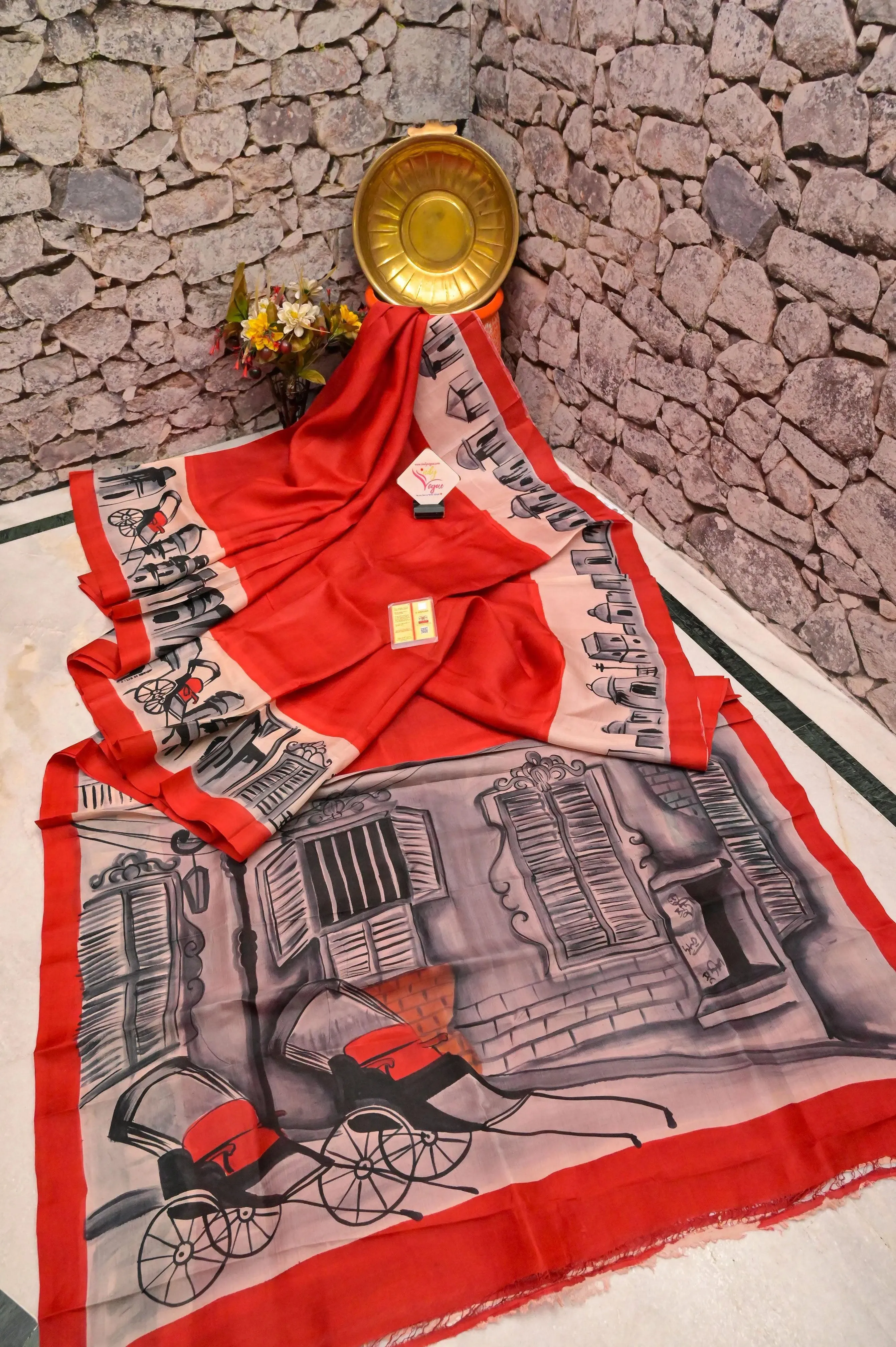 Red Color Bishnupur Silk Saree with Hand Painted Old Kolkata Theme