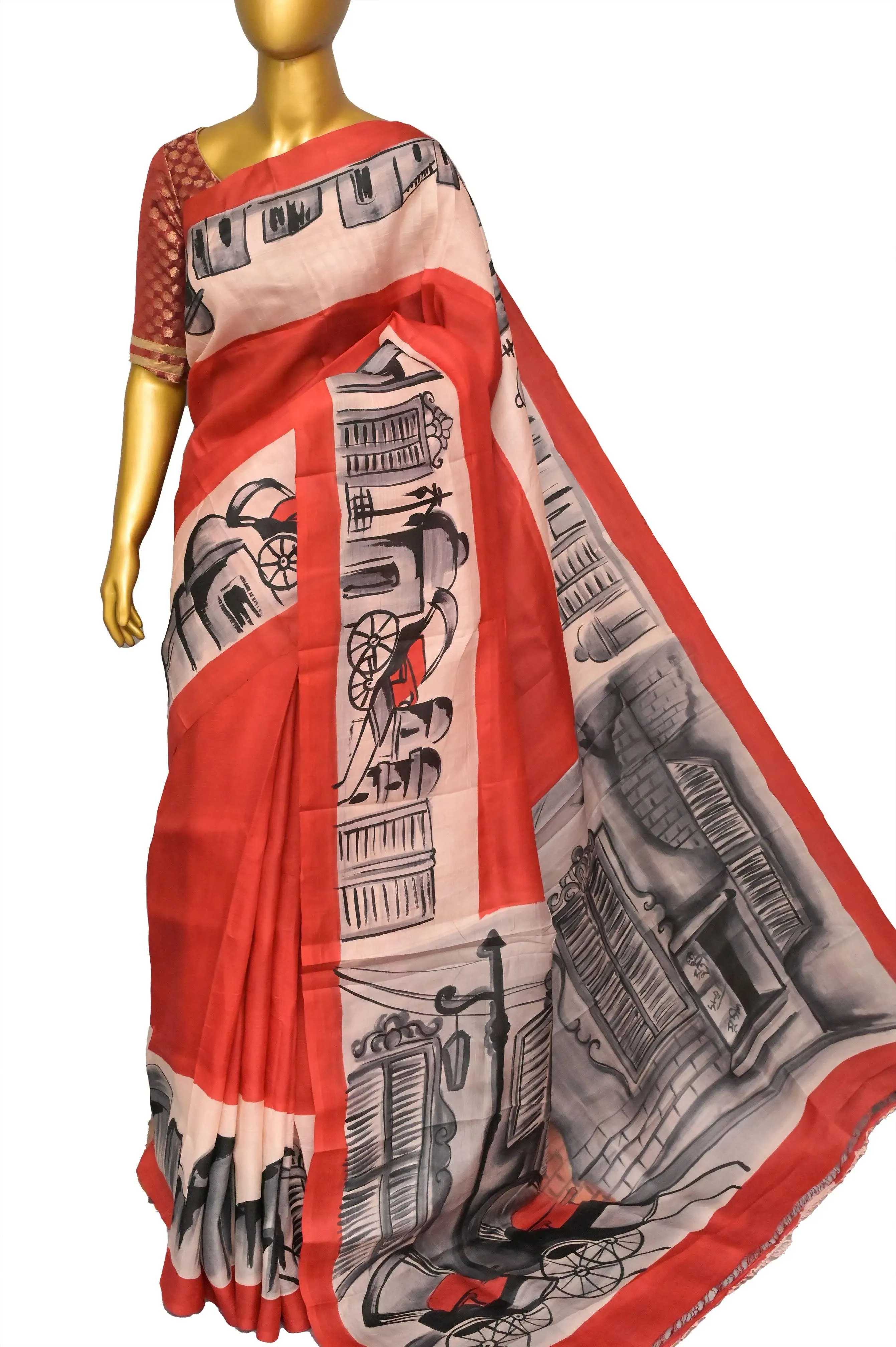 Red Color Bishnupur Silk Saree with Hand Painted Old Kolkata Theme