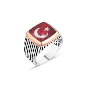 Red Enameled Turkish Flag Silver Men's Ring with Stripe Pattern