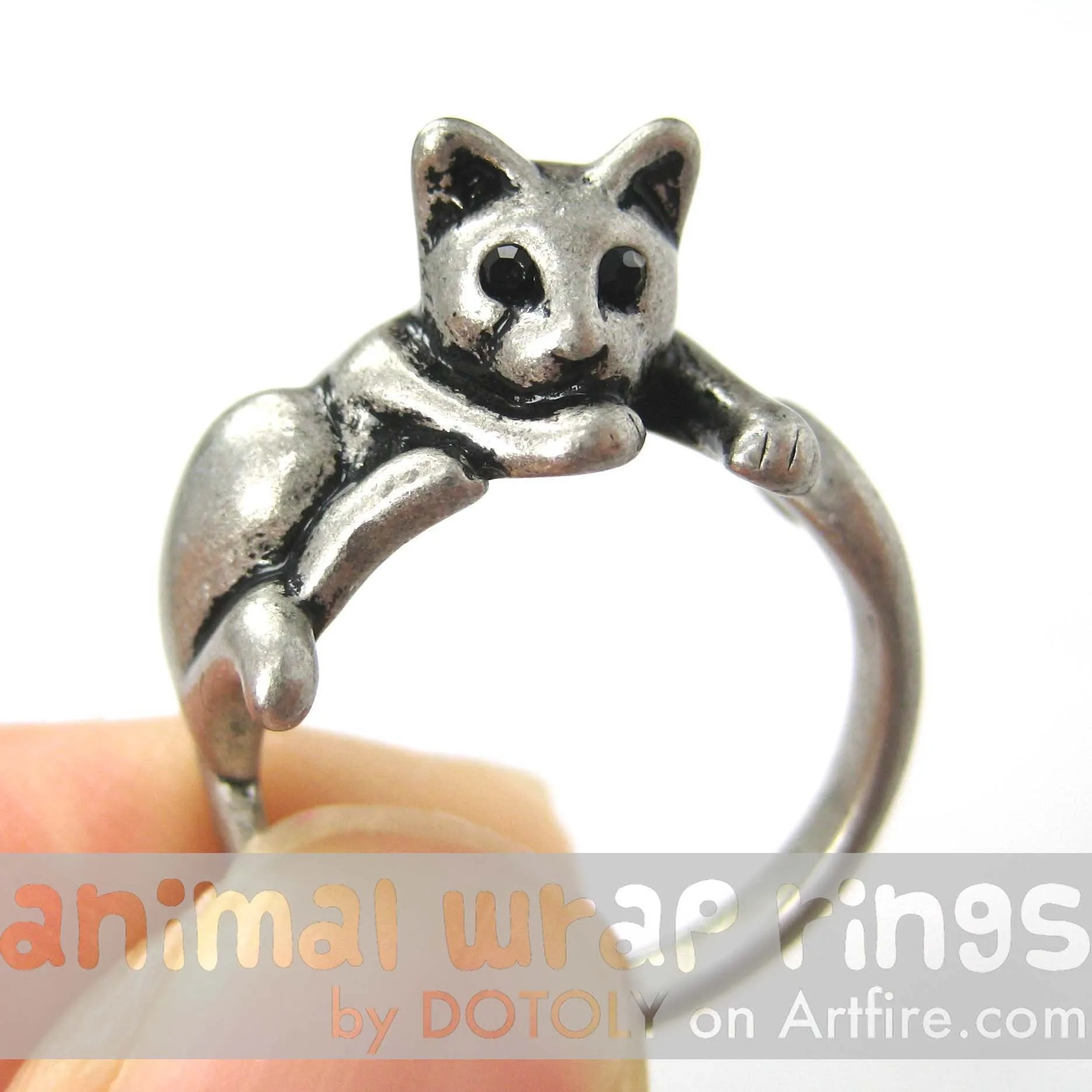 Relaxing Kitty Cat Animal Wrap Around Ring in Silver - Sizes 4 to 9 Available