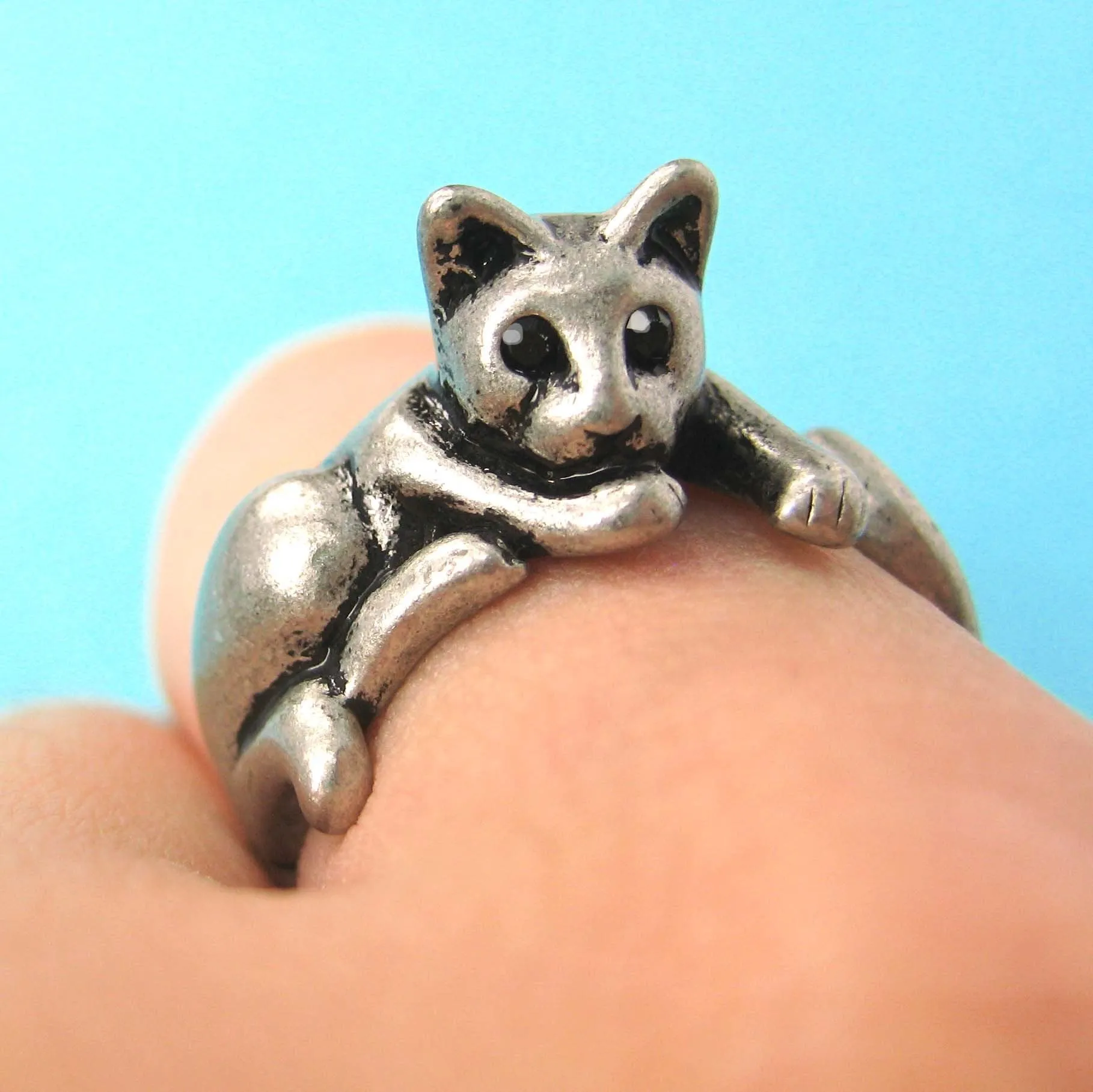 Relaxing Kitty Cat Animal Wrap Around Ring in Silver - Sizes 4 to 9 Available