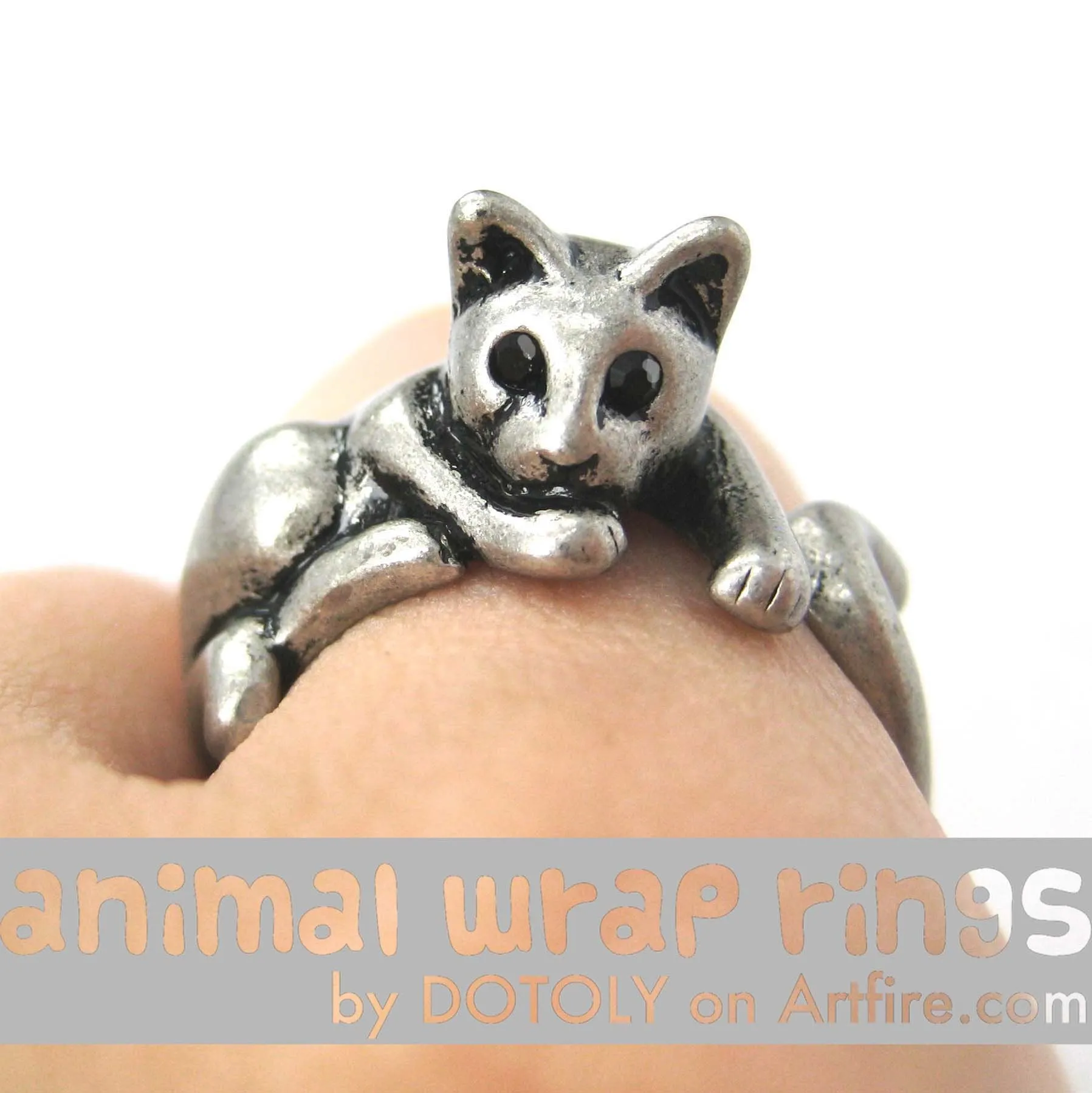 Relaxing Kitty Cat Animal Wrap Around Ring in Silver - Sizes 4 to 9 Available