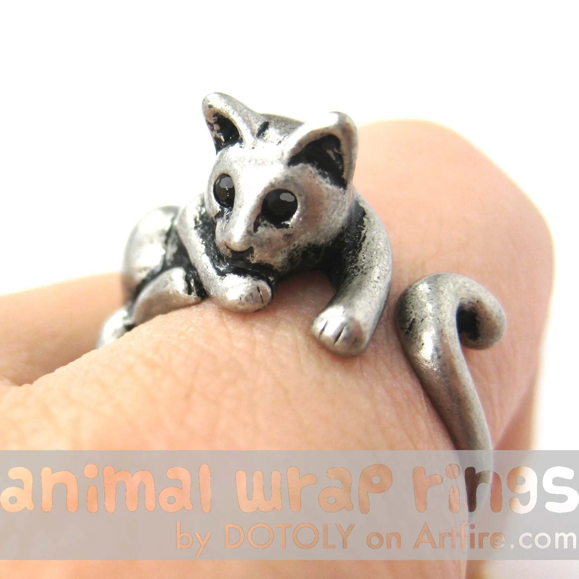 Relaxing Kitty Cat Animal Wrap Around Ring in Silver - Sizes 4 to 9 Available