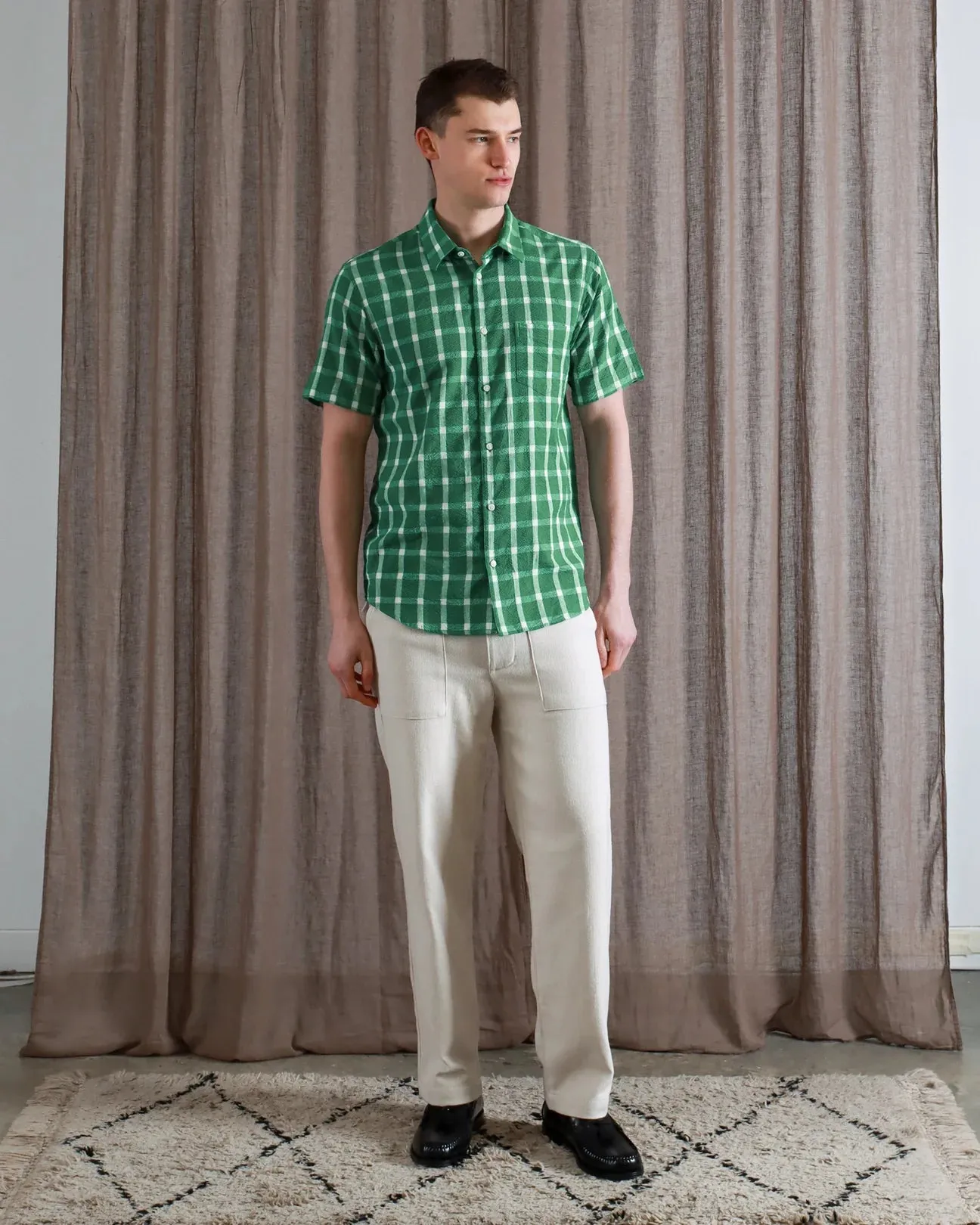 Ribbed Seersucker Check Shirt - Green