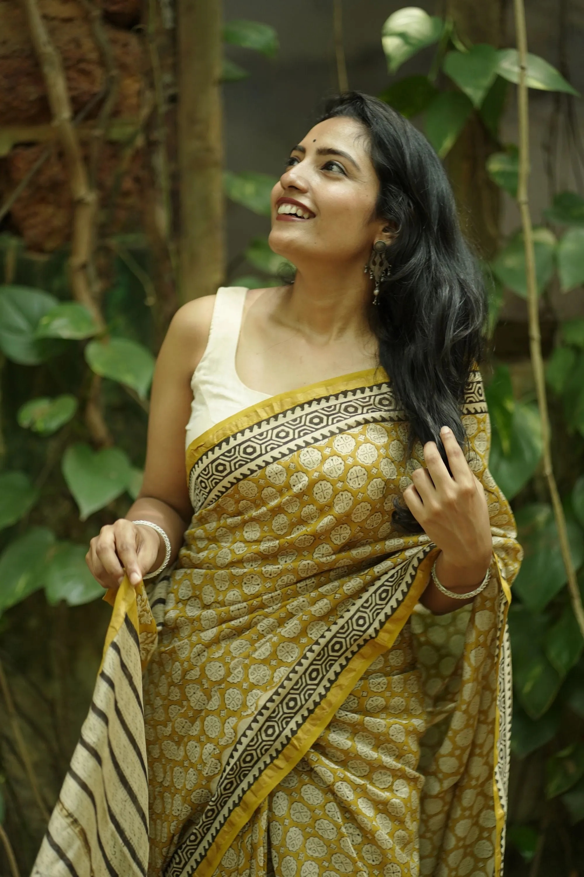 Roheda Bagru Syahi Begar yellow black silk cotton saree