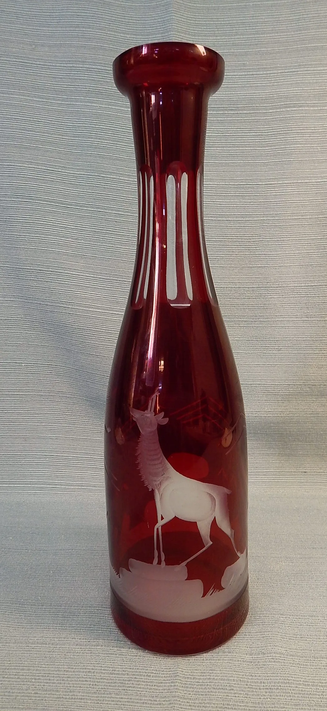 Ruby Bohemian Engraved Glass Decanter