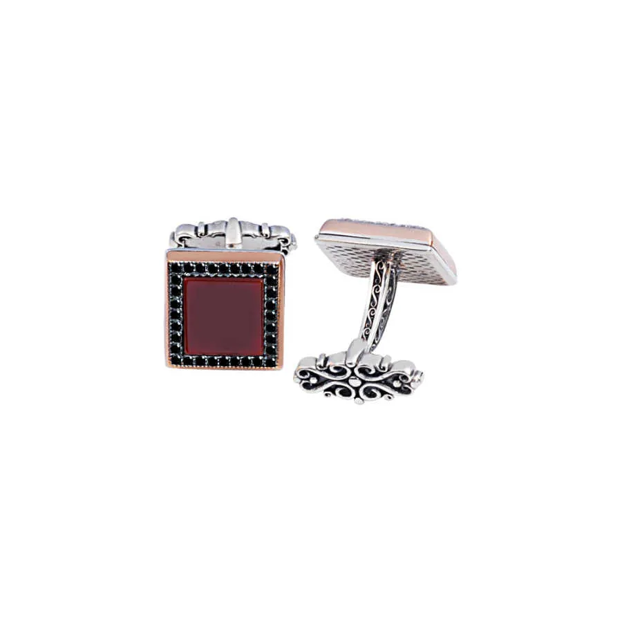 Silver Agate Stone Black Zircon Inlaid Cufflink