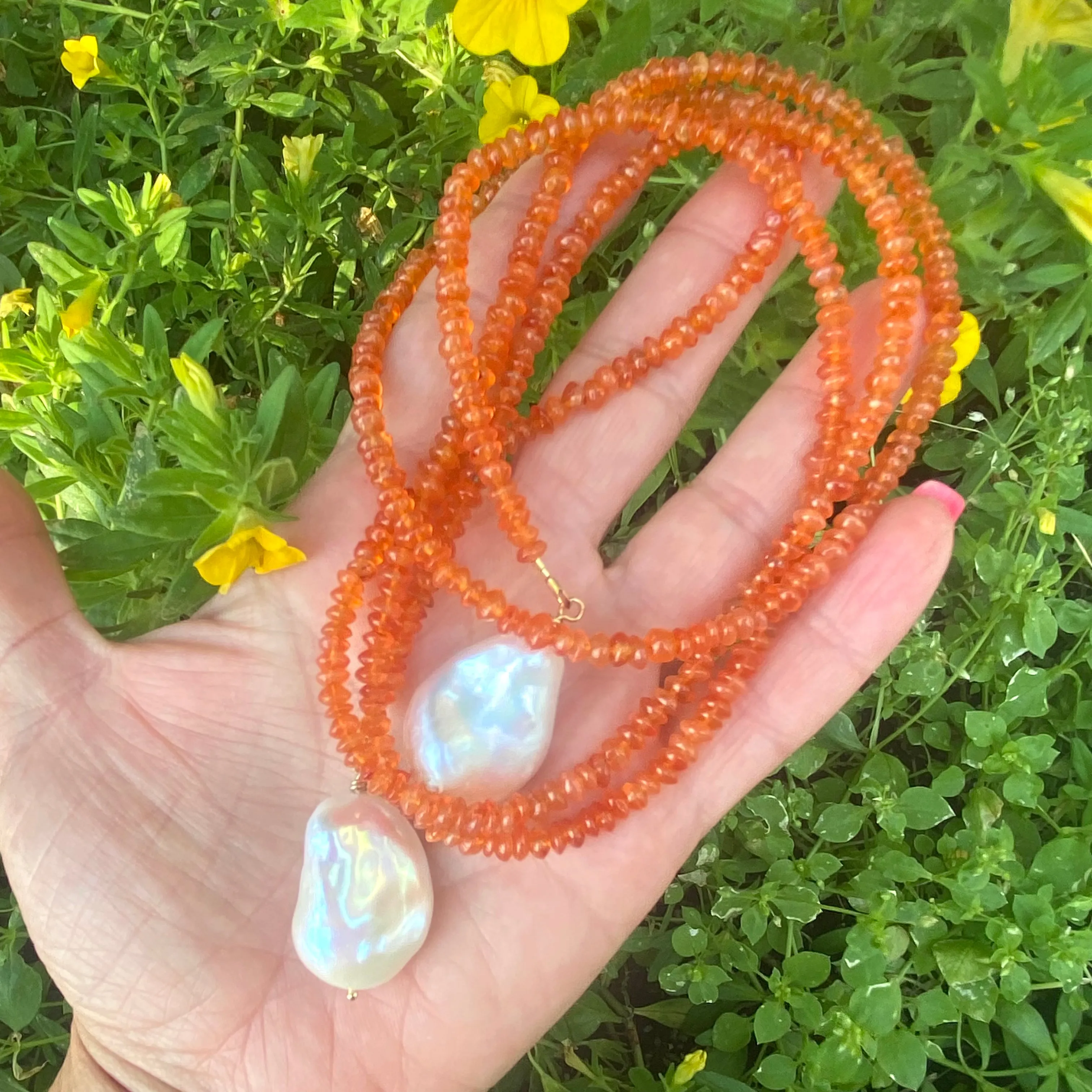 Single Strand Of Bright Orange Carnelian Rondelle Beads & Two Baroque Pearls Lariat Wrap Necklace, Gold Vermeil, 40