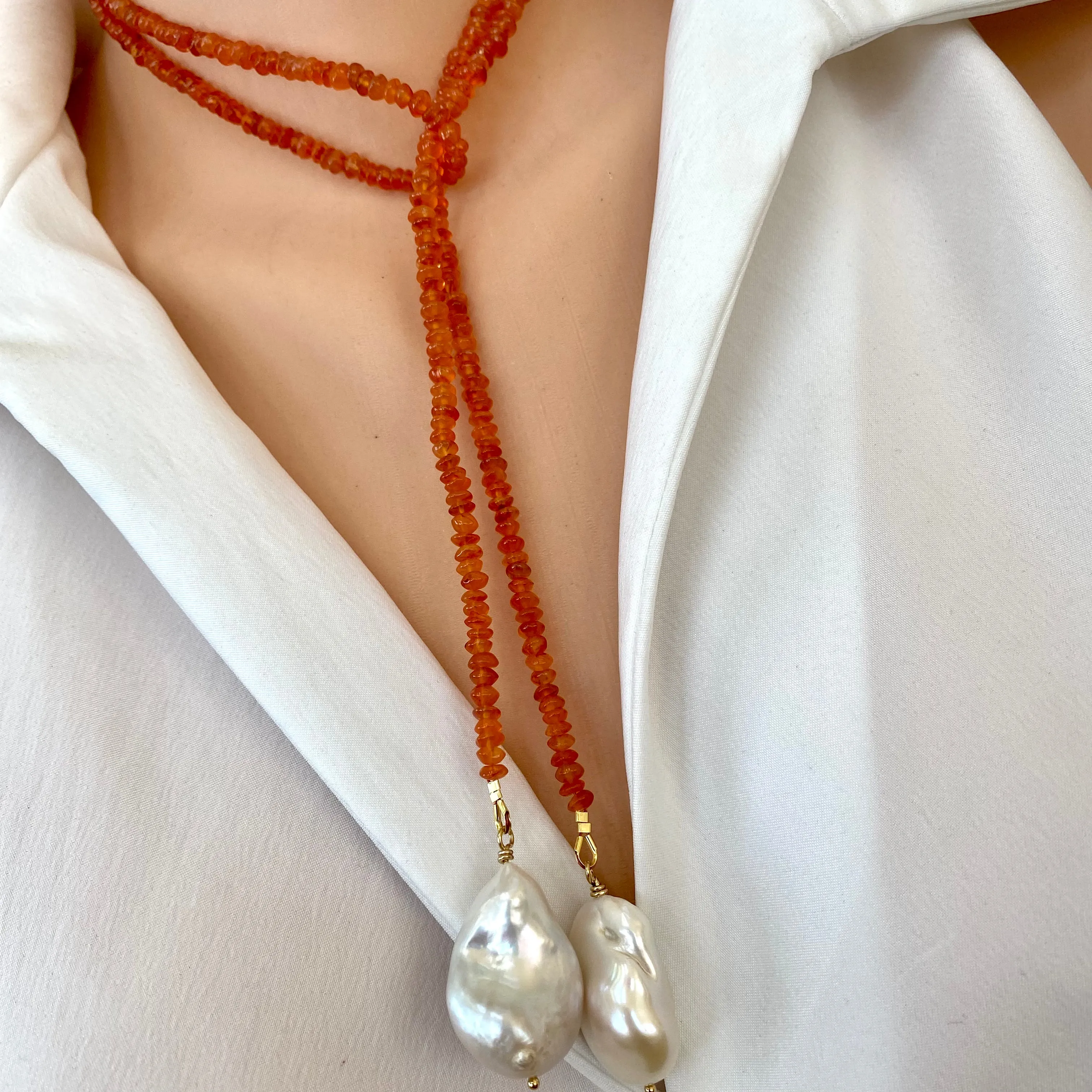 Single Strand Of Bright Orange Carnelian Rondelle Beads & Two Baroque Pearls Lariat Wrap Necklace, Gold Vermeil, 40