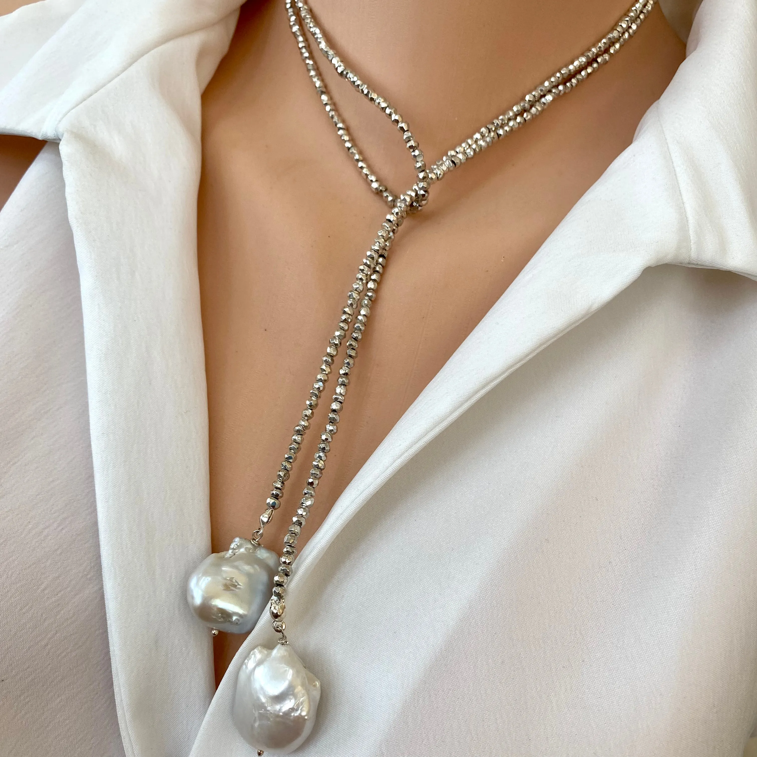 Single Strand of Silver Pyrite and Large Baroque Pearl Lariat Wrap Necklace, 41inches