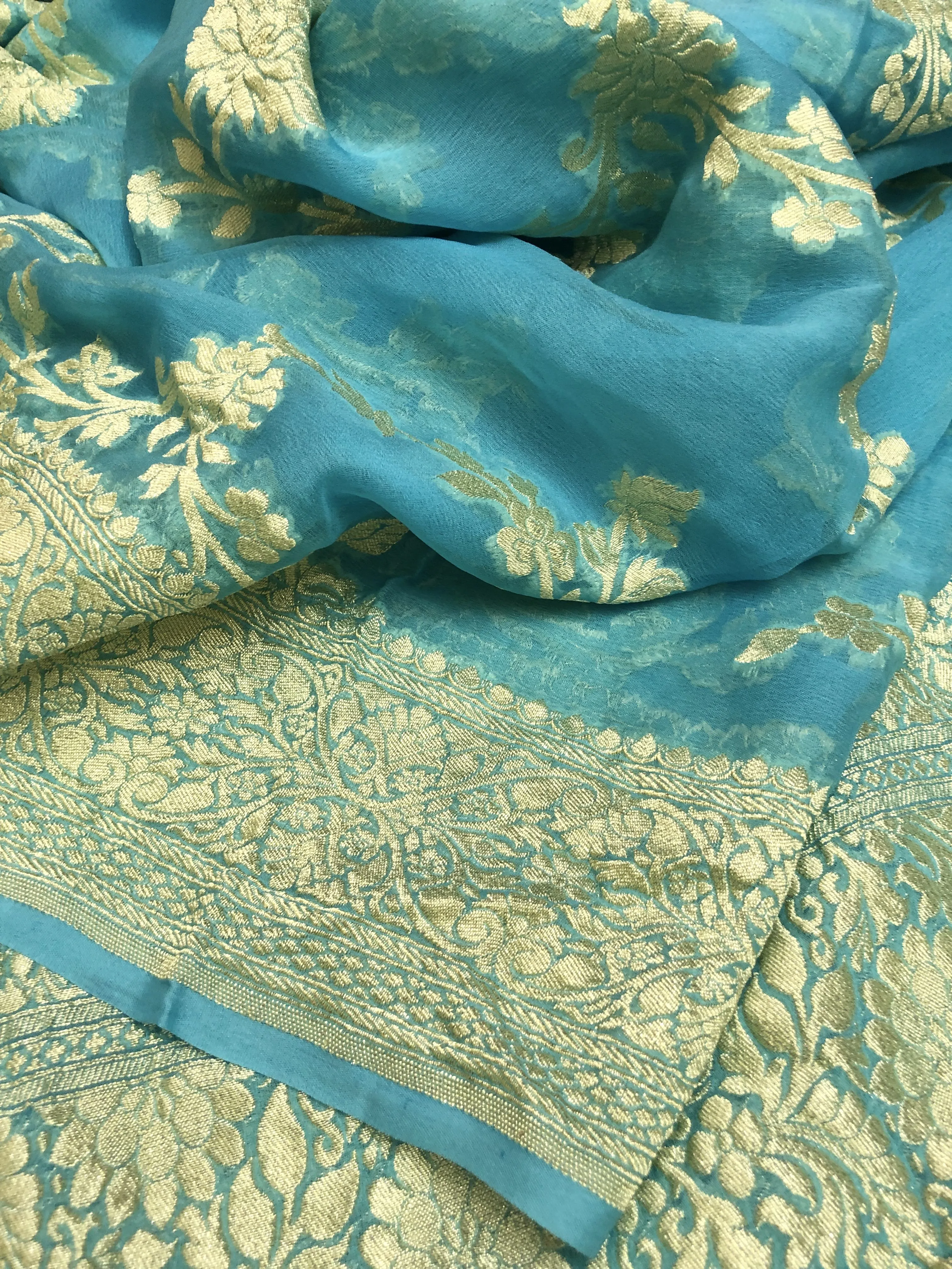 Sky Blue Color Pure Khaddi Georgette Banarasi Saree