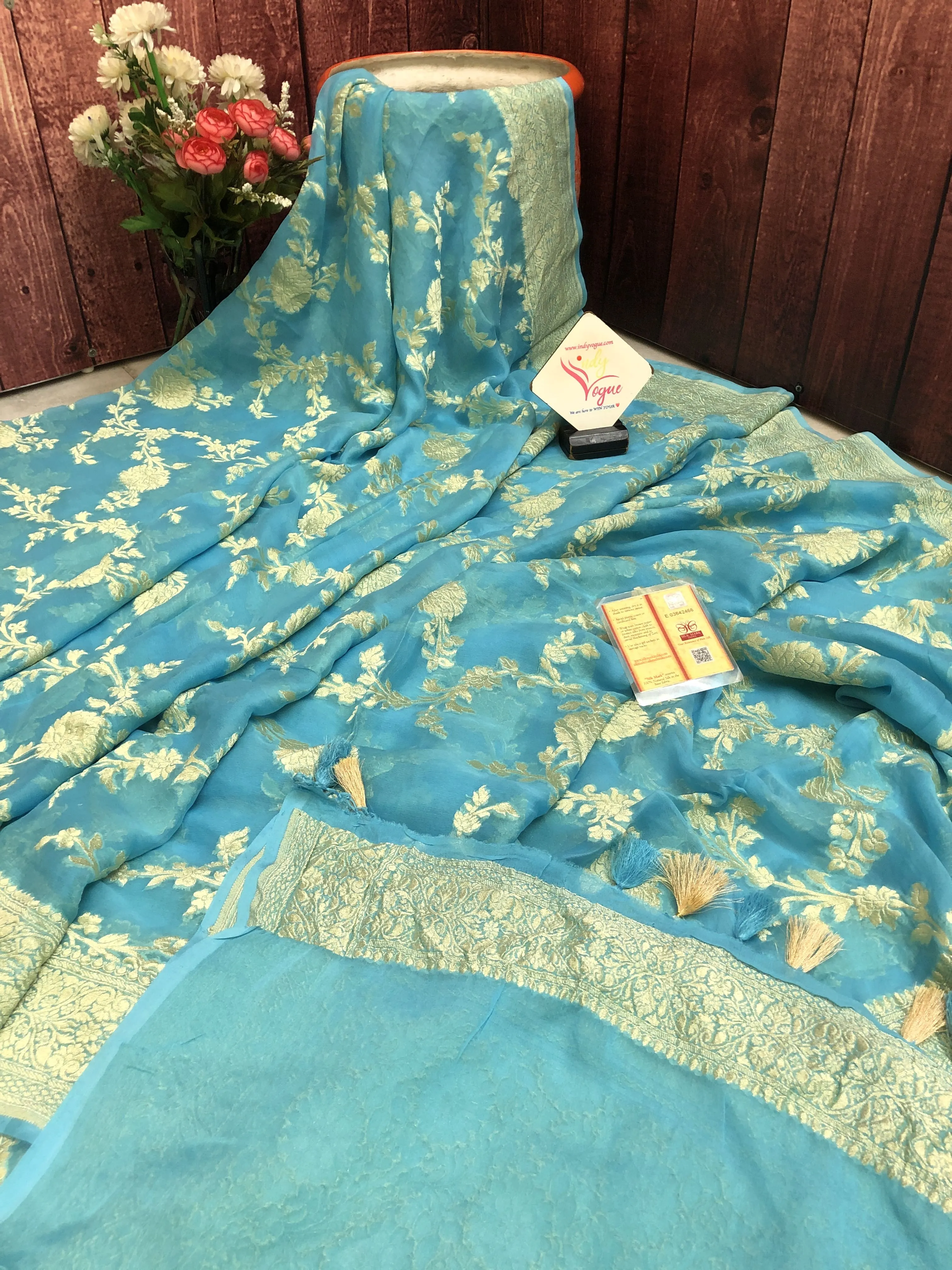 Sky Blue Color Pure Khaddi Georgette Banarasi Saree