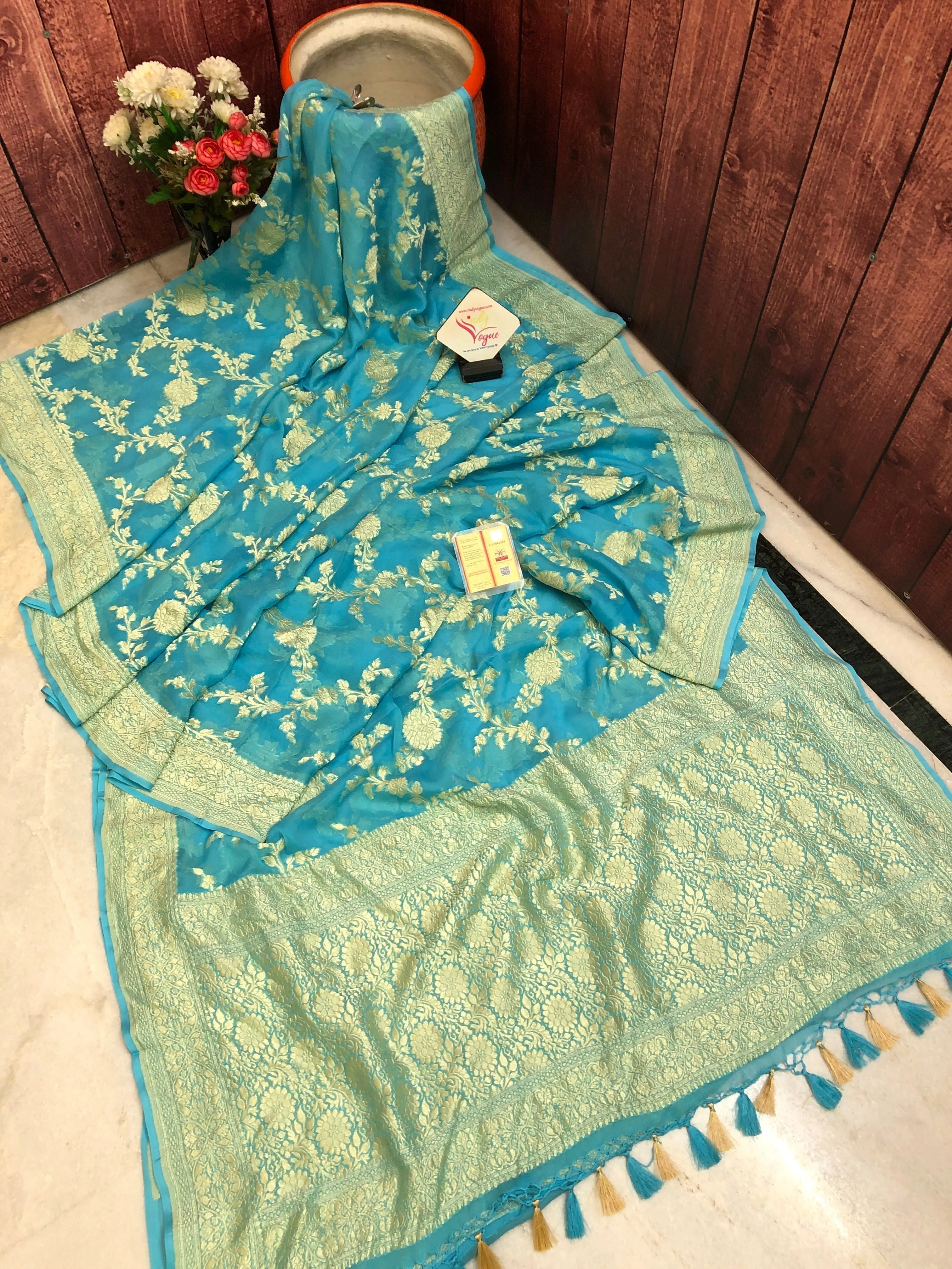 Sky Blue Color Pure Khaddi Georgette Banarasi Saree