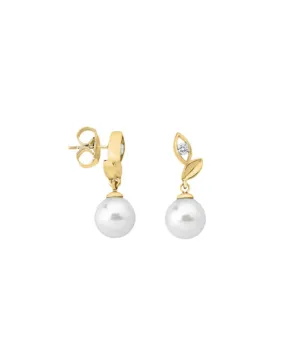 Sterling Silver Gold Plated Earrings, for Women with Short Post and Organic Pearl, 8mm Round White Pearl and Zircon, Selene   Collection