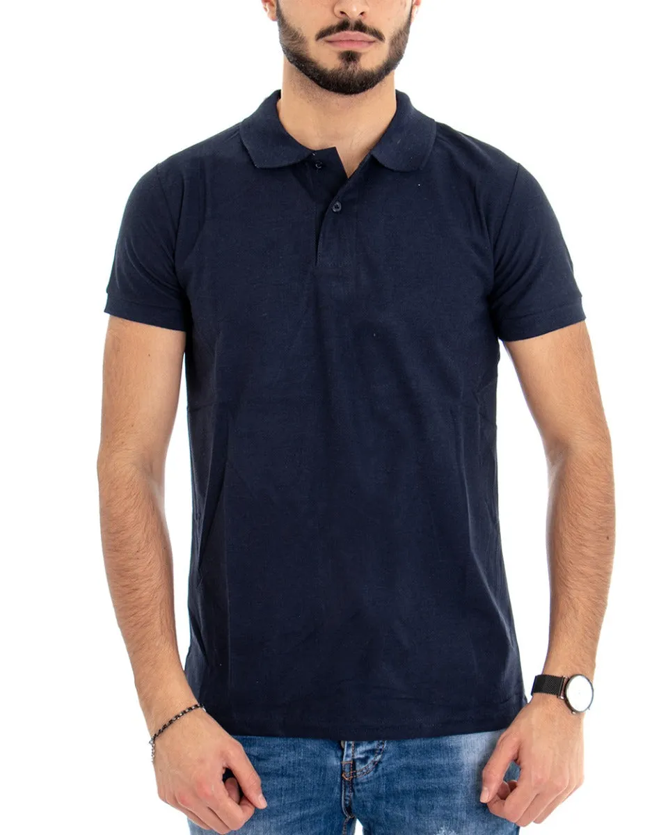 T-shirt Uomo Polo Tinta Unita Blu Manica Corta Colletto Bottoncini Basic Casual GIOSAL-TS2975A