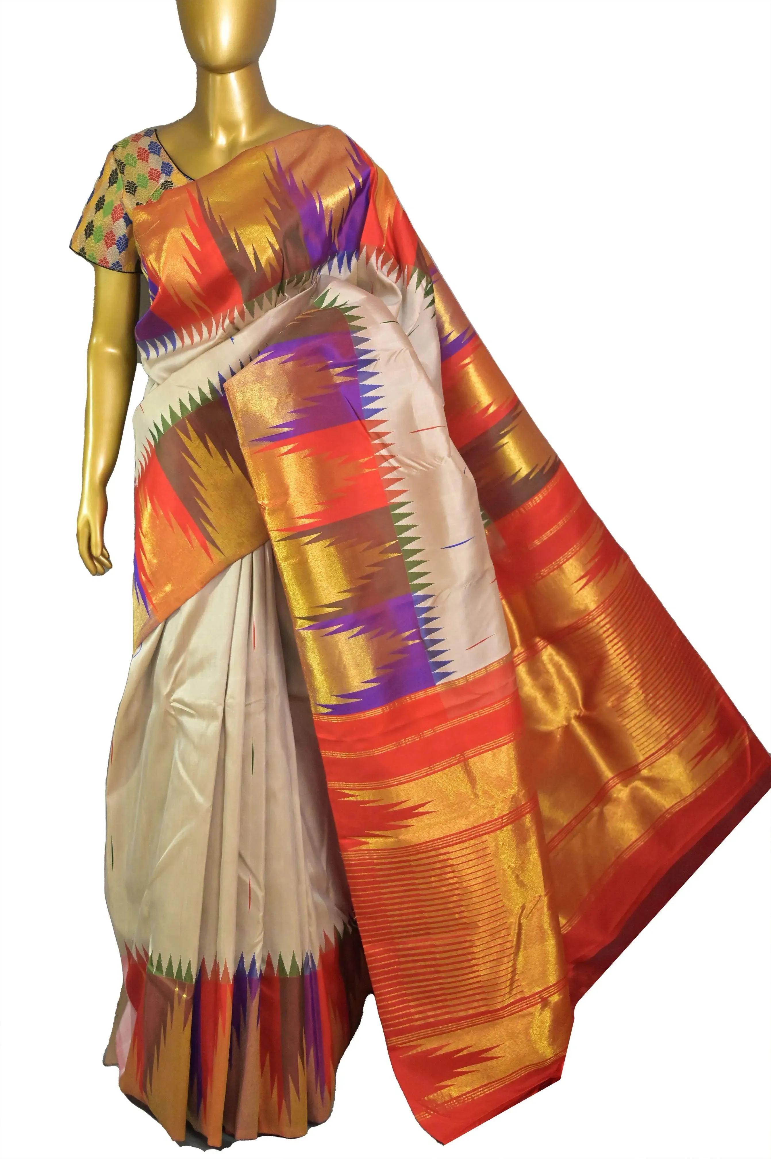 Tan White Color Kanjeevaram Silk Saree with Double-Sided Korvai and Putta Work