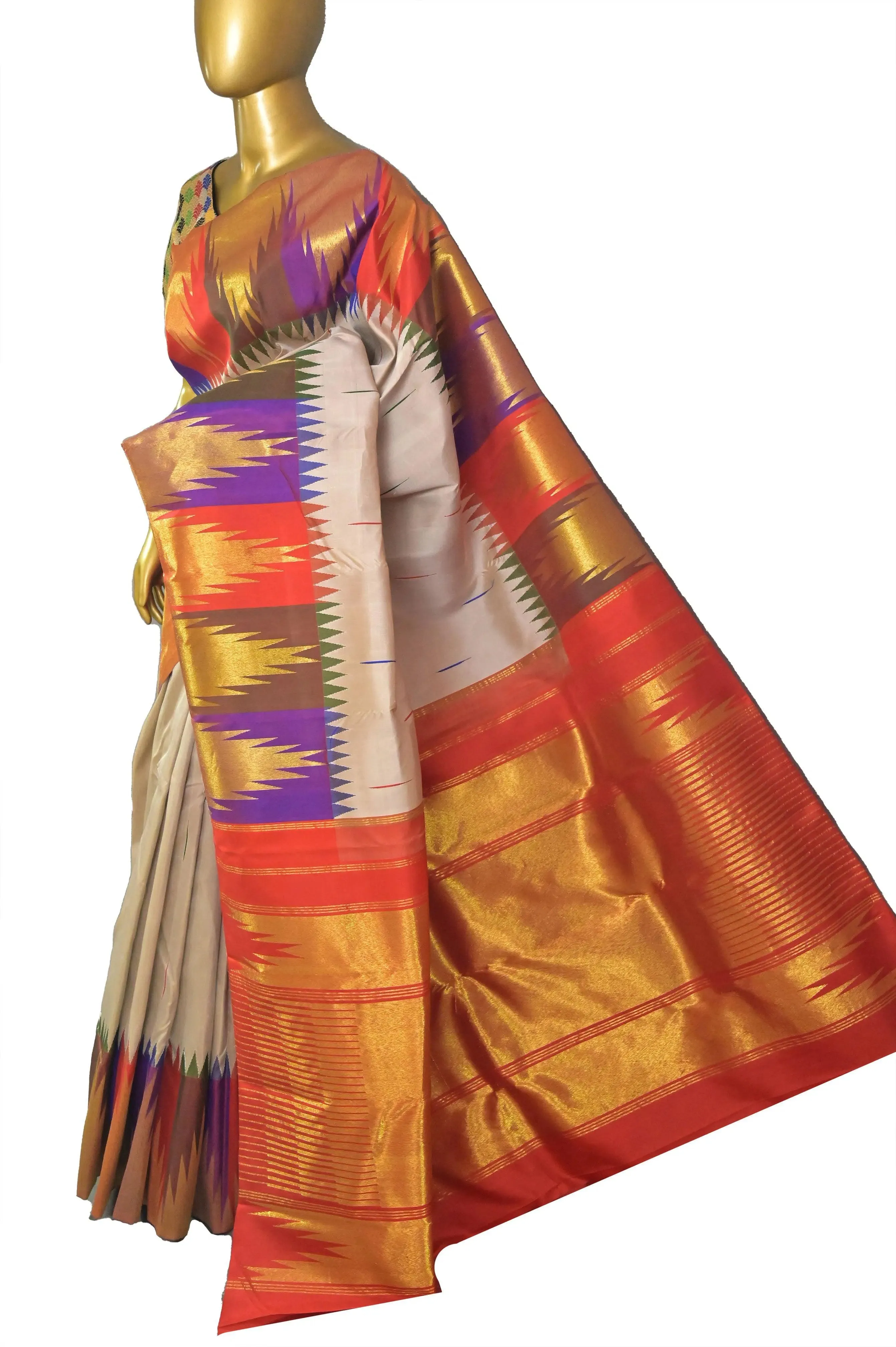 Tan White Color Kanjeevaram Silk Saree with Double-Sided Korvai and Putta Work