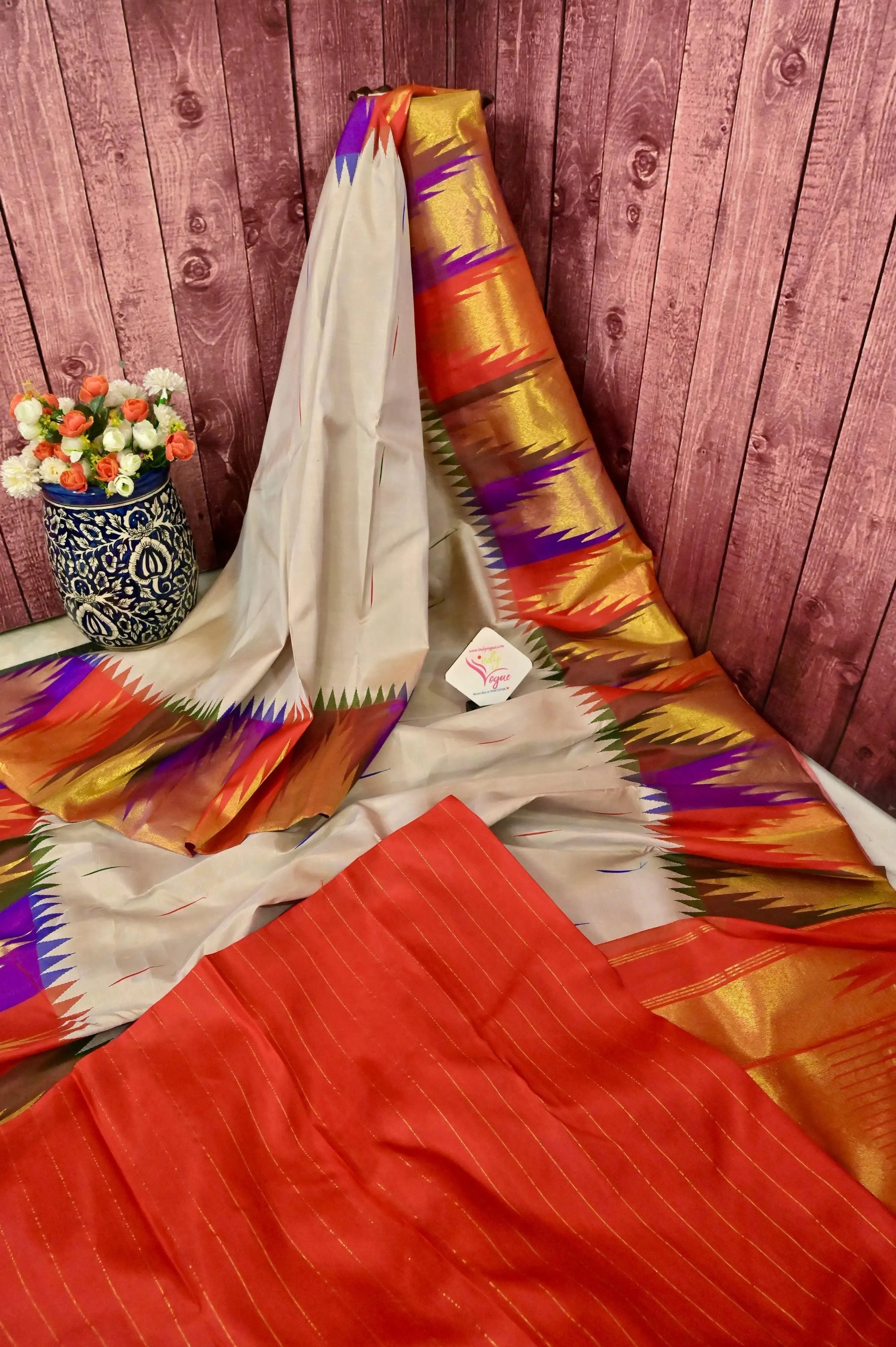 Tan White Color Kanjeevaram Silk Saree with Double-Sided Korvai and Putta Work