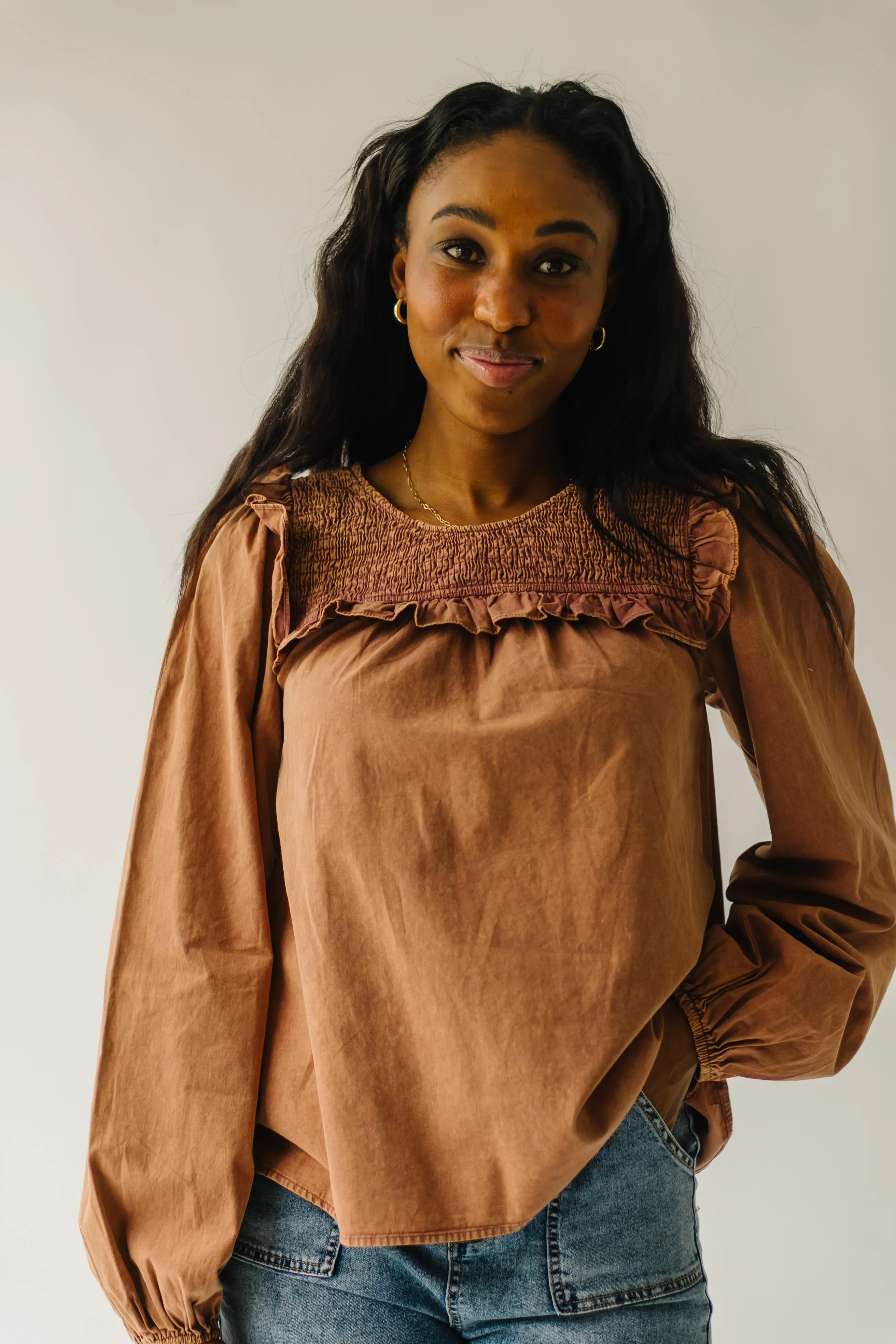 The Kalani Smocked Detail Blouse in Terracotta