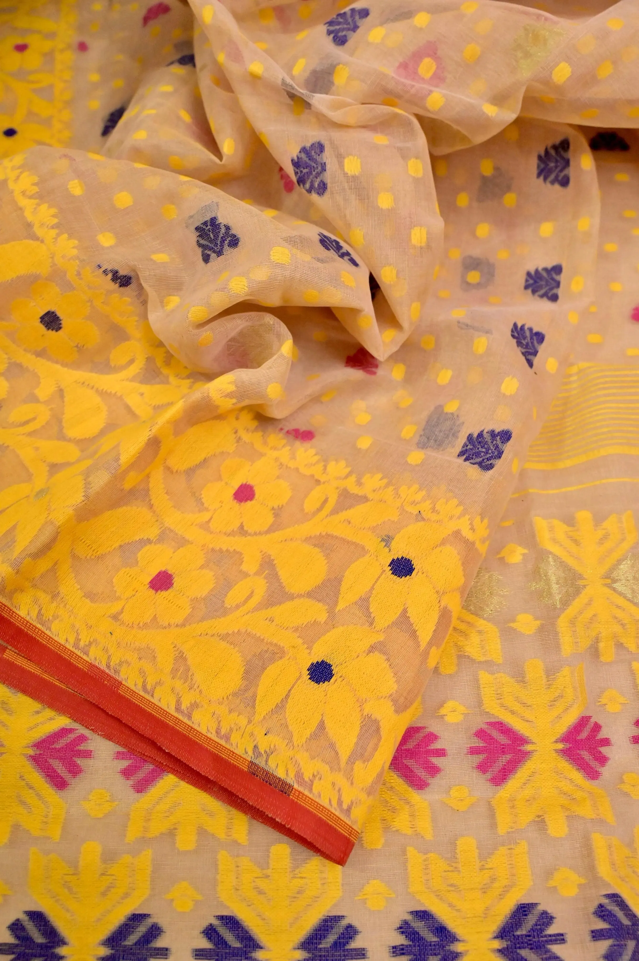 Tussar and Yellow Color Jamdani Saree