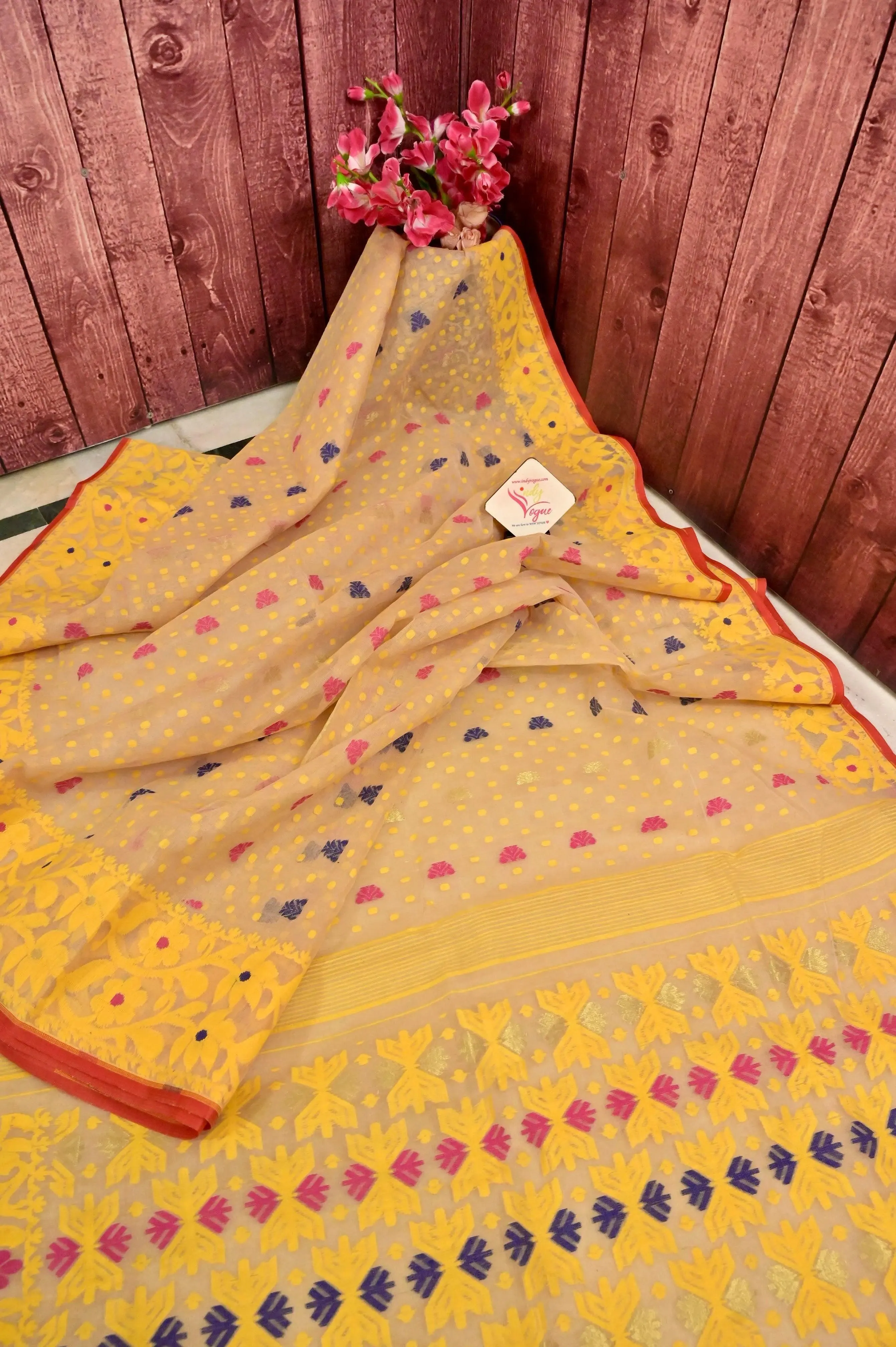 Tussar and Yellow Color Jamdani Saree