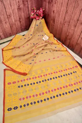 Tussar and Yellow Color Jamdani Saree