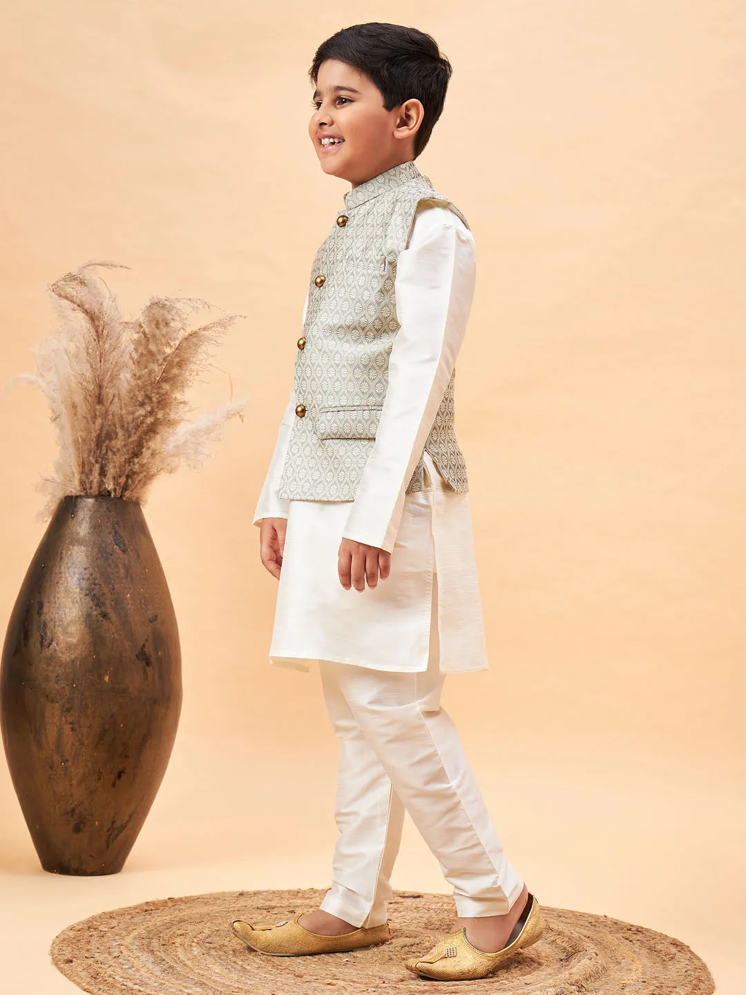 VASTRAMAY Boy's Beige Woven Jacket With Cream Kurta and Pyjama Set