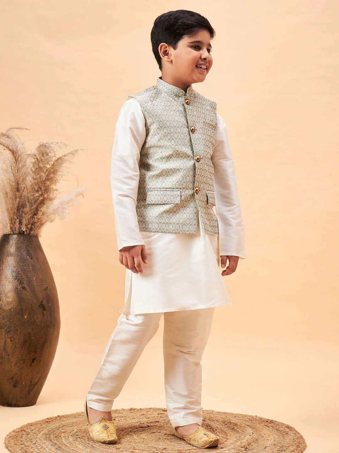 VASTRAMAY Boy's Beige Woven Jacket With Cream Kurta and Pyjama Set