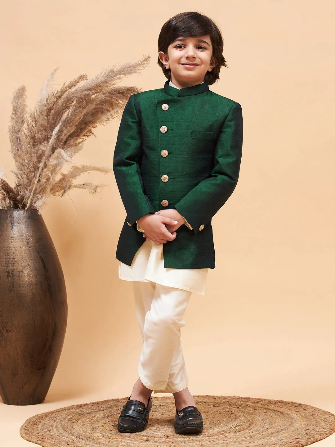 VASTRAMAY Boy's Green Indo Western Jacket With Cream Kurta And Pyjama Set