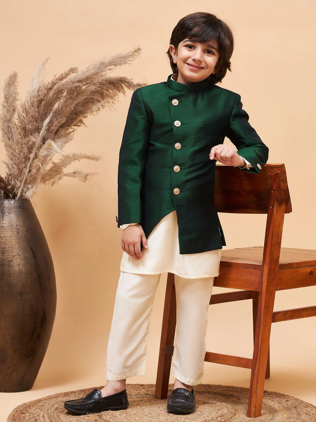 VASTRAMAY Boy's Green Indo Western Jacket With Cream Kurta And Pyjama Set