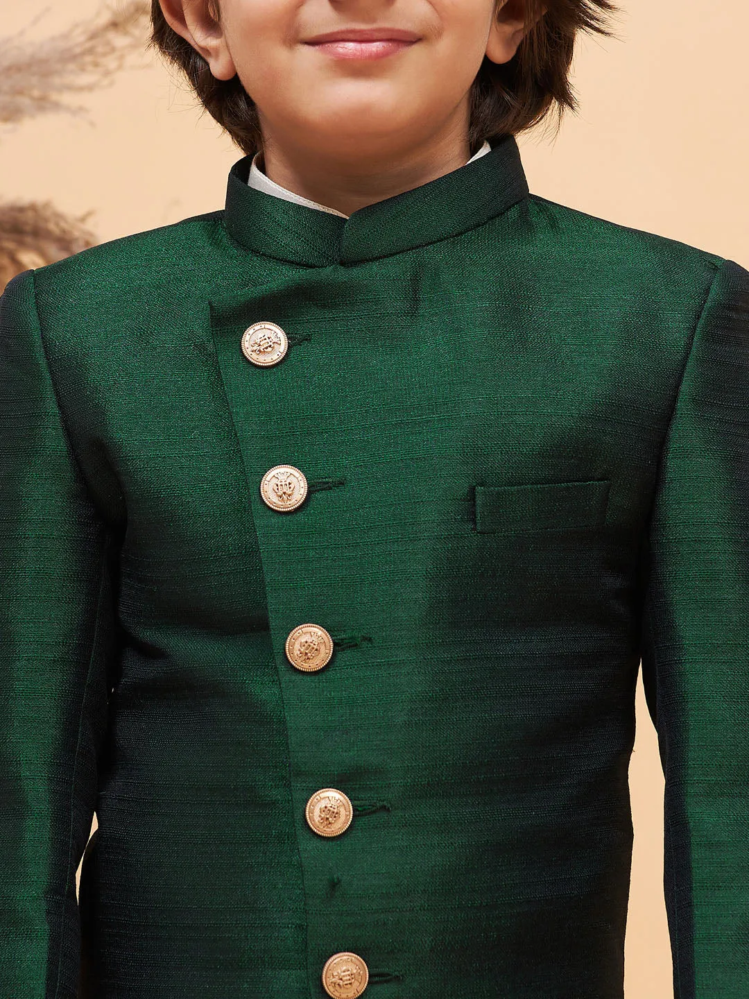 VASTRAMAY Boy's Green Indo Western Jacket With Cream Kurta And Pyjama Set