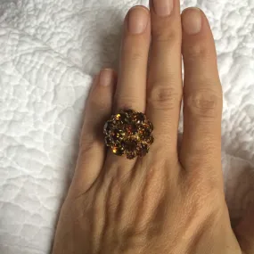 Vintage Costume Ring in Gold Tone Metal with a Cluster of Orange Rhinestones in a Ball Shape. Statement Ring. Fun Jewelry. Costume Jewelry.