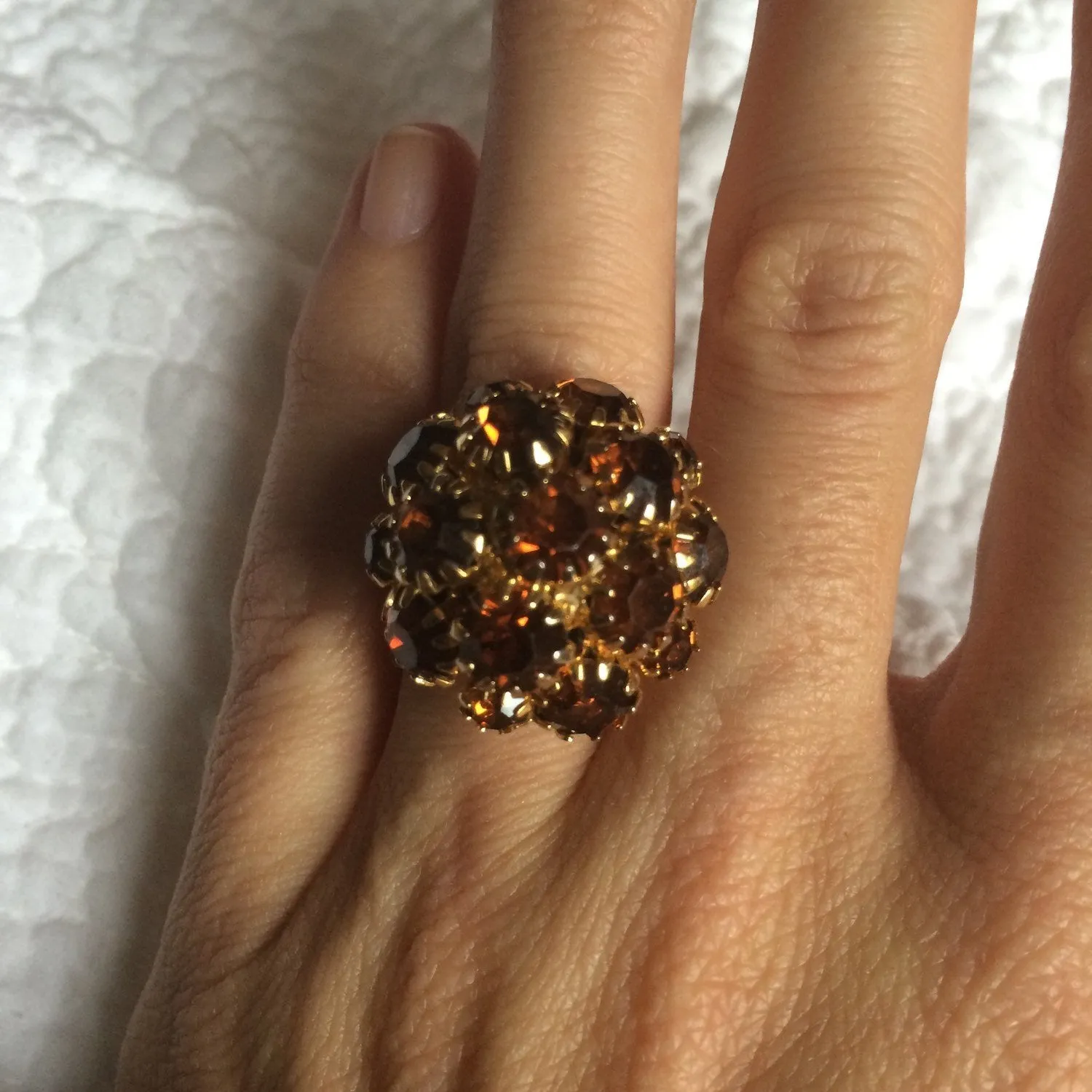 Vintage Costume Ring in Gold Tone Metal with a Cluster of Orange Rhinestones in a Ball Shape. Statement Ring. Fun Jewelry. Costume Jewelry.