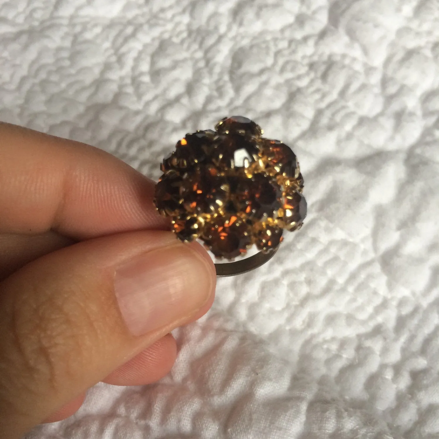 Vintage Costume Ring in Gold Tone Metal with a Cluster of Orange Rhinestones in a Ball Shape. Statement Ring. Fun Jewelry. Costume Jewelry.