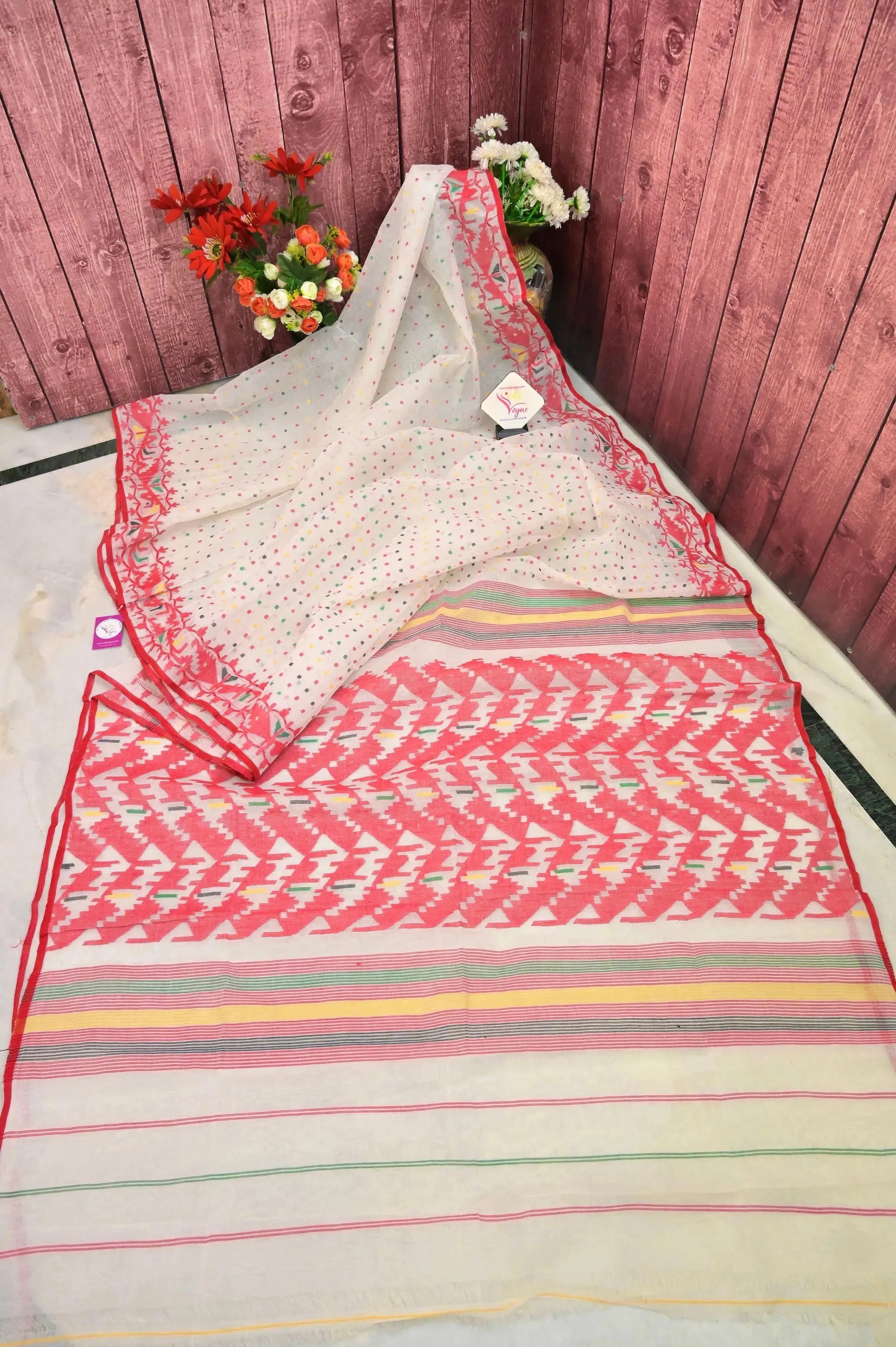 White and Red Color Bangladeshi Jamdani Saree with Hazar Buti