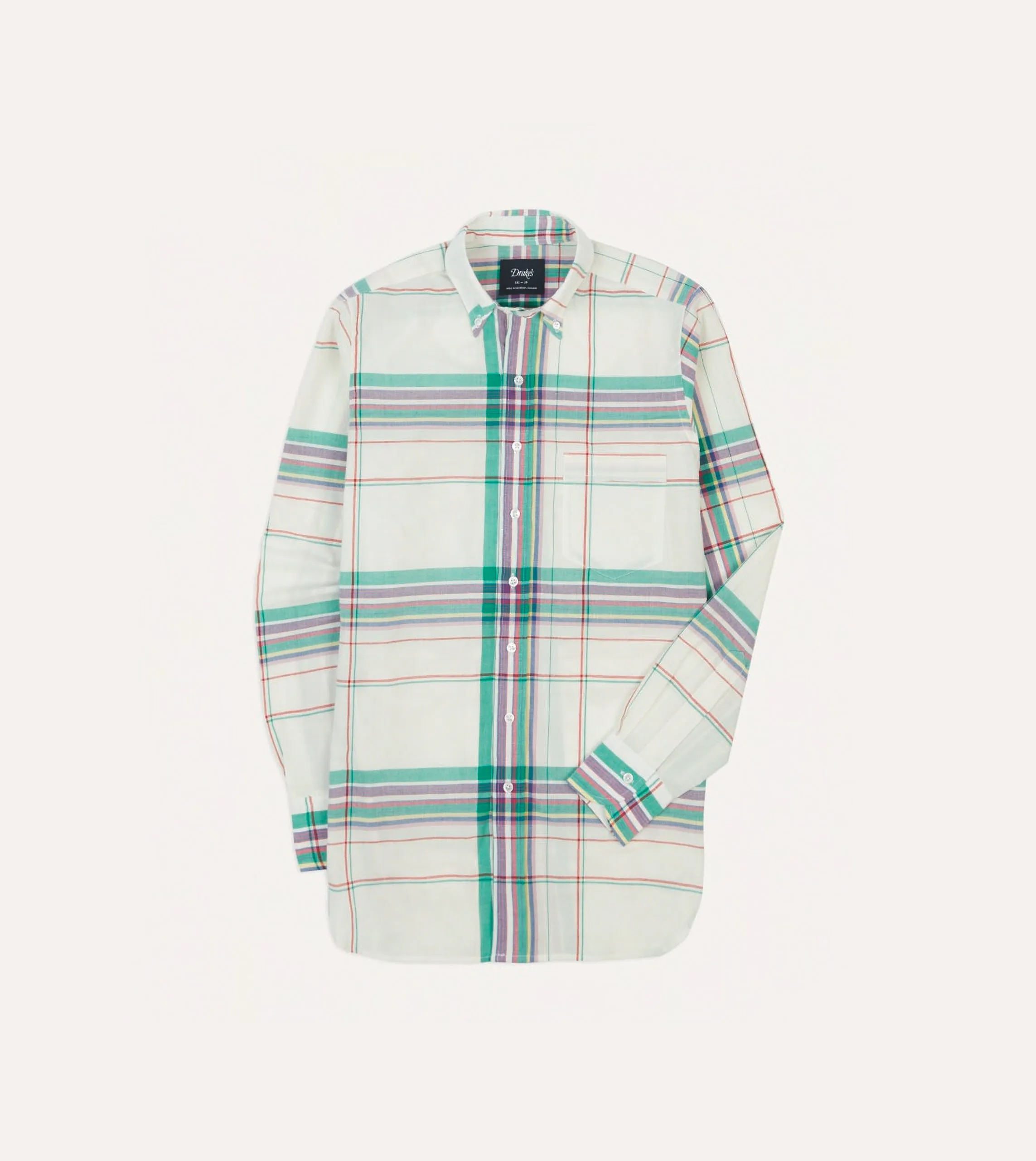 White, Purple and Green Madras Check Cotton Button-Down Shirt