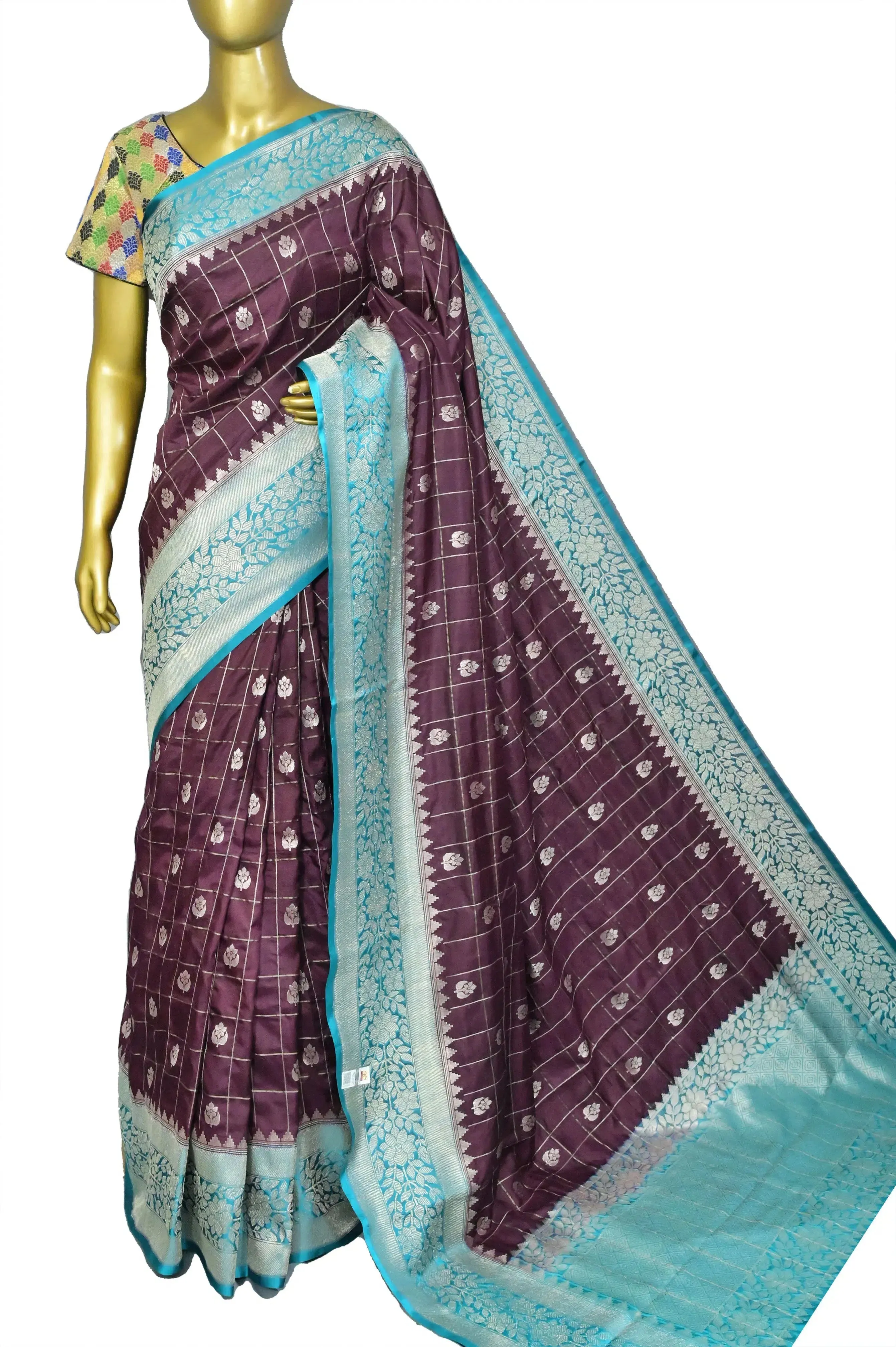 Wine Color Mango Silk Banarasi Saree with Silver Zari Check Work