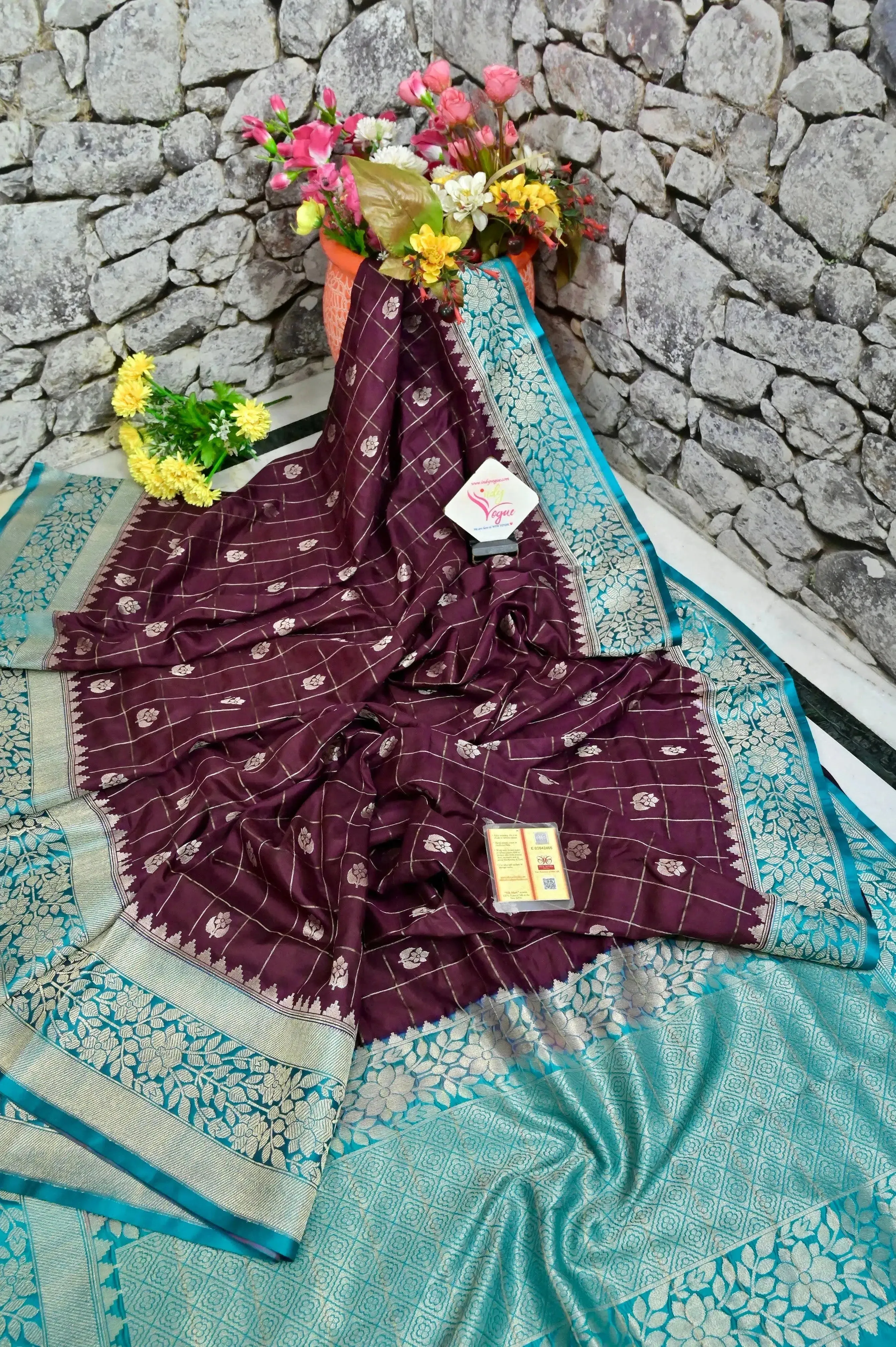 Wine Color Mango Silk Banarasi Saree with Silver Zari Check Work