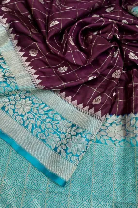 Wine Color Mango Silk Banarasi Saree with Silver Zari Check Work