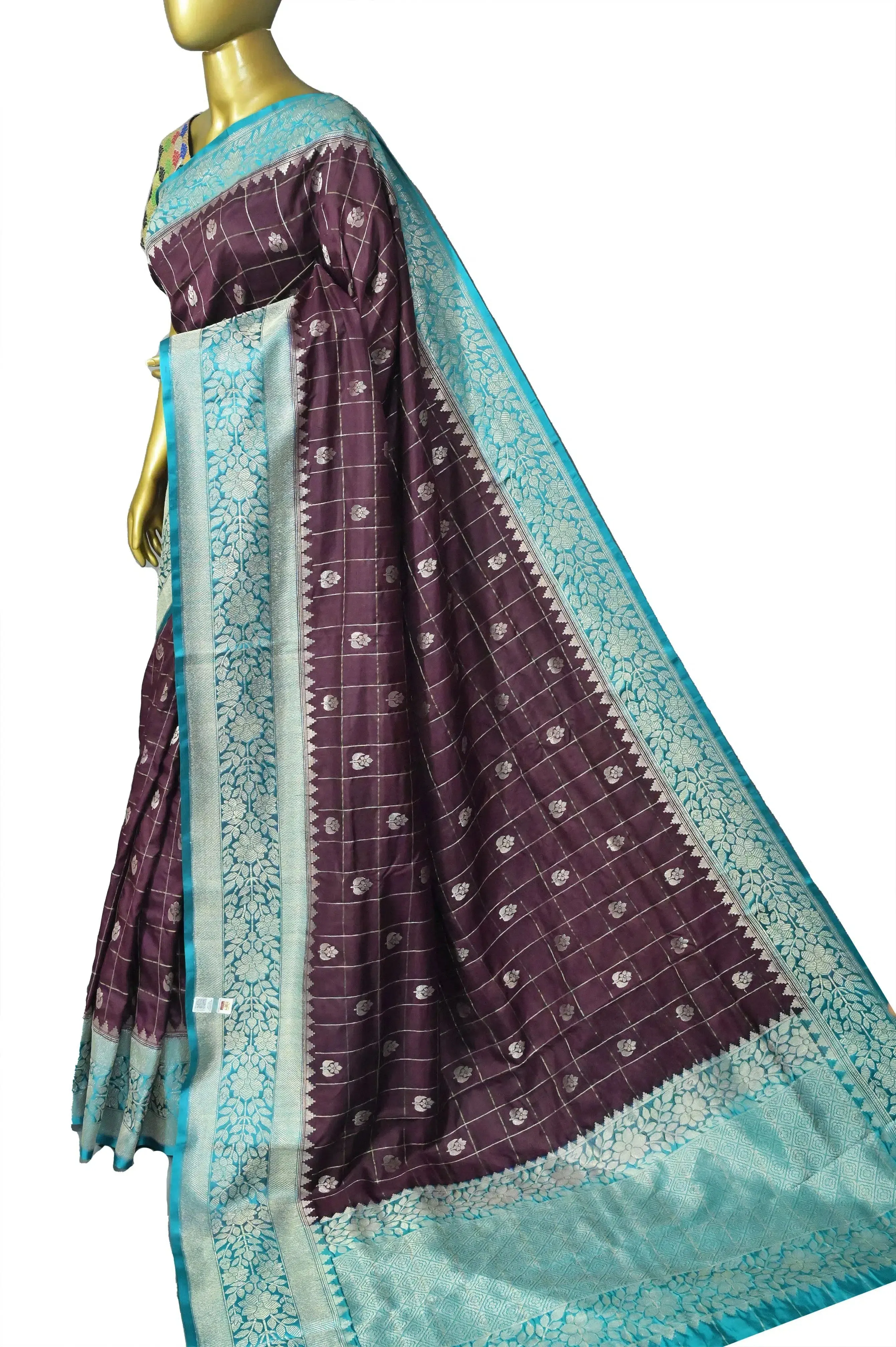 Wine Color Mango Silk Banarasi Saree with Silver Zari Check Work