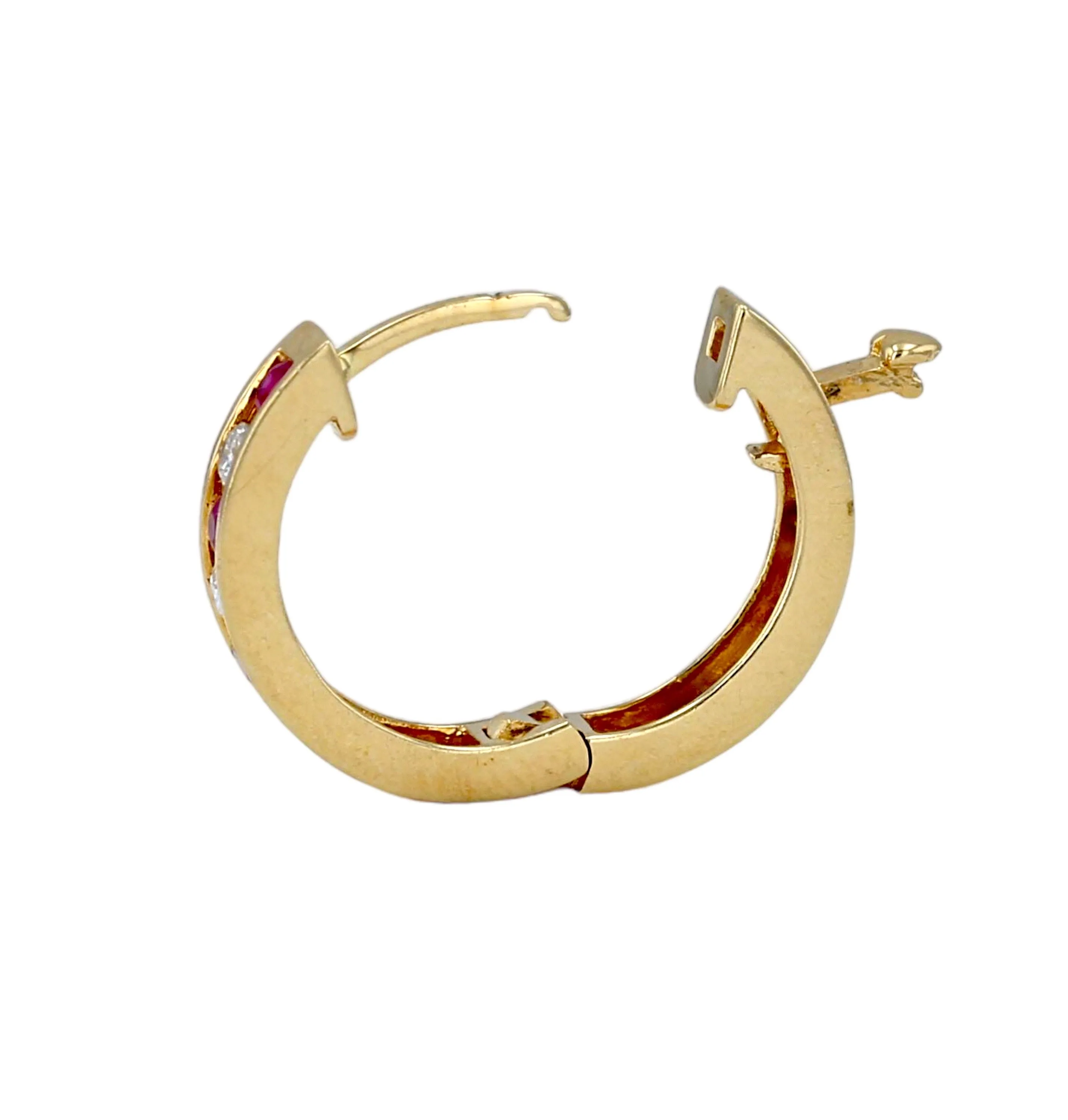 Yellow gold 14k ruby and diamonds heavy solid earrings hoops